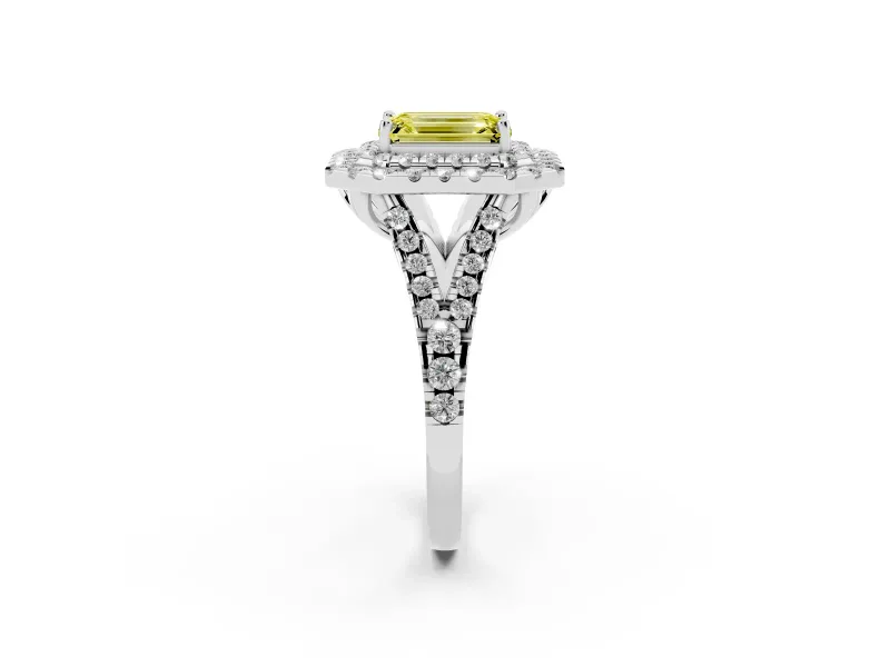 Emerald Cut Halo Split Shank Engagement Ring Setting for a Fancy Yellow Lab-Grown Diamond | White Gold