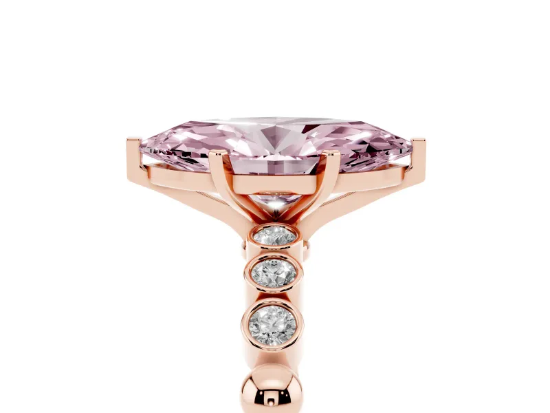 Fancy Pink Marquise Cut Diamond Solitaire Engagement Ring Set in Rose gold with Bezel Accents on Beaded Band