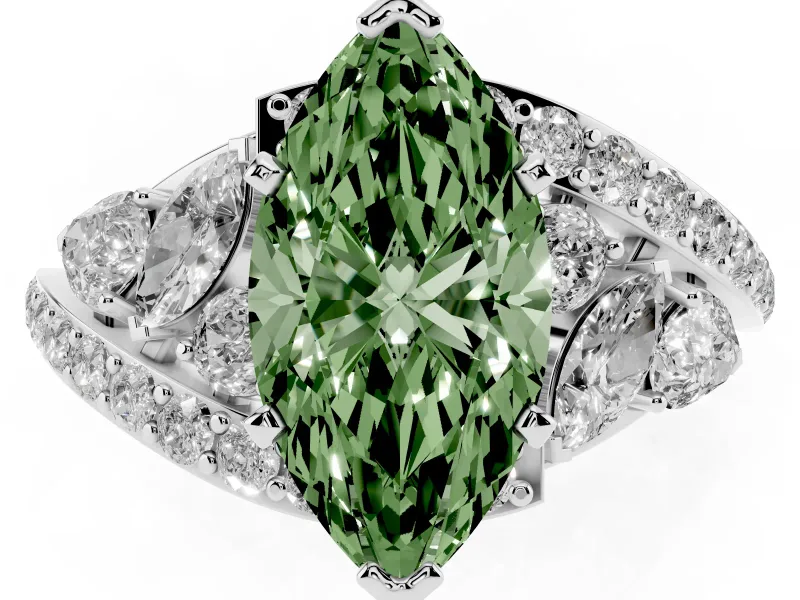 Fancy Green Marquise Cut Diamond Halo Ring Set in White gold with Marquise and Pavé Band in Prong Setting
