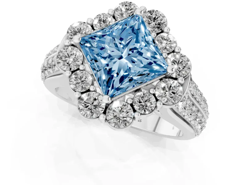 Fancy Blue Princess Cut Diamond Halo Engagement Ring Set in White gold with Split Shank and Prong Setting