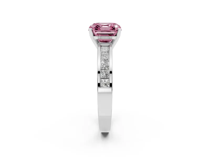 Fancy Pink Asscher Cut Diamond Solitaire Ring Set in Platinum with Channel-Set Band and Prong Setting