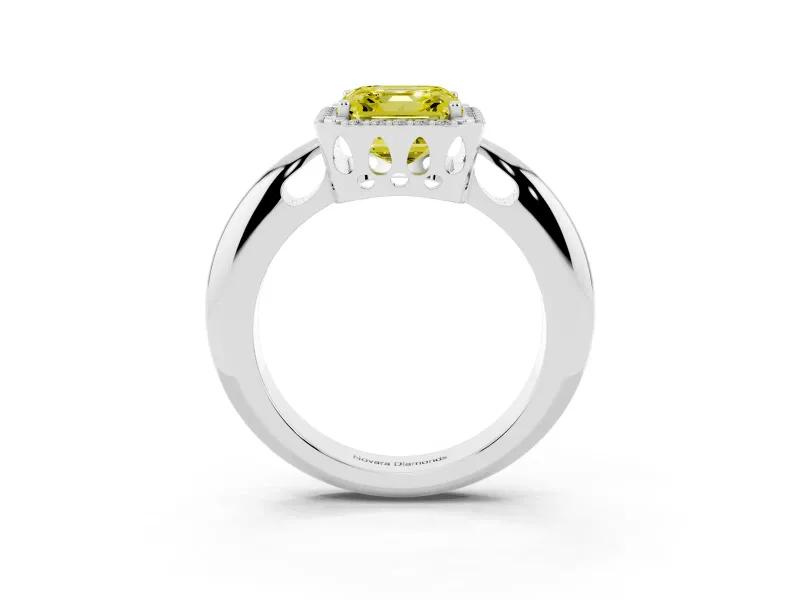Fancy Yellow Asscher Cut Diamond Halo Engagement Ring Set in Platinum with Plain Split Shank and Prong Setting