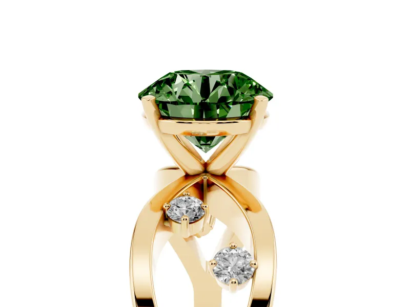 Fancy Green Round Cut Diamond Solitaire Ring Set in Yellow gold with Side Stones on Criss-Cross Band and Prong Setting