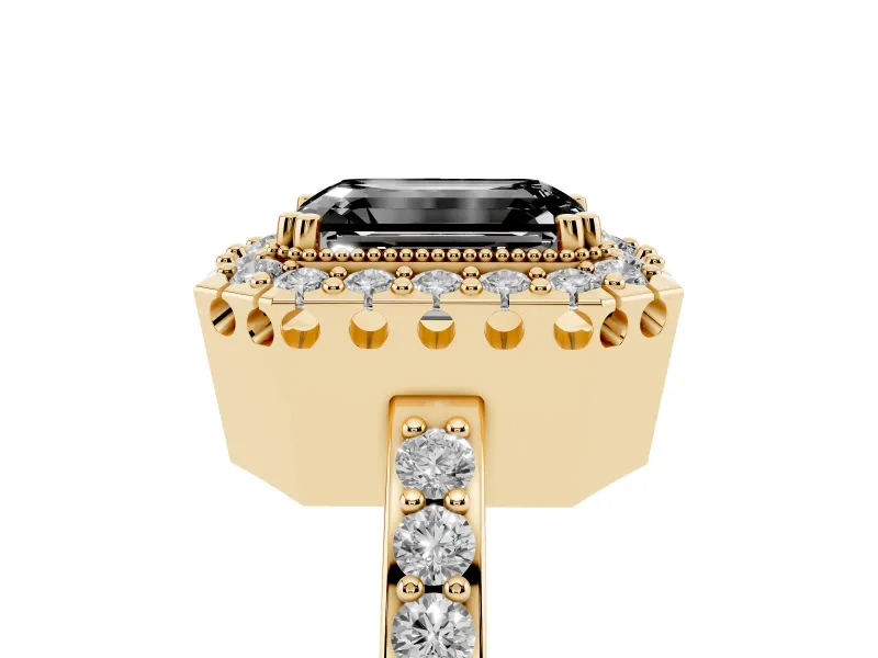 Emerald Cut Milgrain Halo Engagement Ring Setting for a Black Center | Pavé Shoulders | Yellow Gold