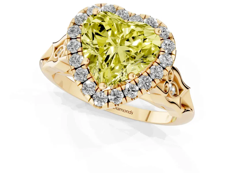 Heart-Shaped Halo Engagement Ring Setting for a Fancy Yellow Lab-Grown Diamond | Filigree Shoulders | Yellow Gold