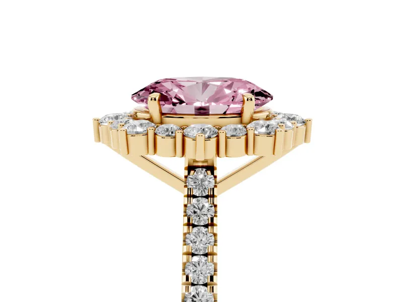 Oval Scalloped Halo Engagement Ring Setting for a Fancy Pink Lab-Grown Diamond | Single Row Pave | Yellow Gold