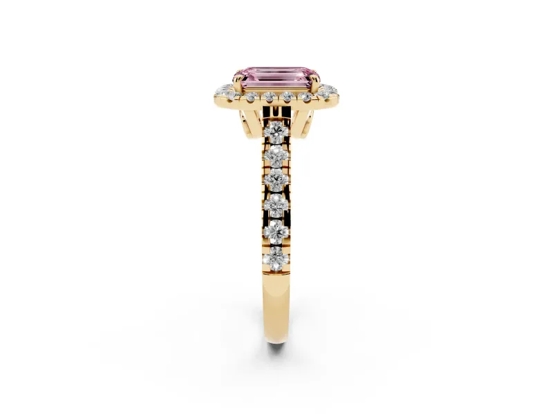 Emerald Cut Accented Halo Engagement Ring Setting for a Fancy Pink Lab-Grown Diamond | Yellow Gold