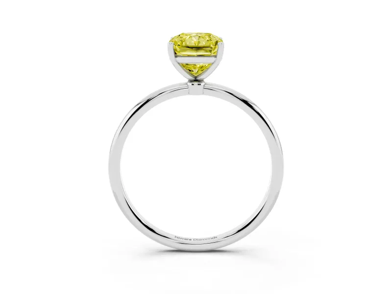 Fancy Yellow Radiant Cut Diamond Solitaire Engagement Ring Set in White gold with Thin Band and Prong Setting
