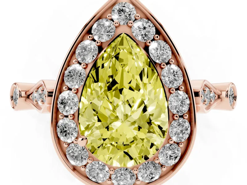 Fancy Yellow Pear Cut Diamond Halo Engagement Ring Set in Rose gold with Twisted Band and Prong Setting