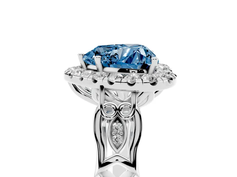Heart-Shaped Halo Engagement Ring Setting for a Fancy Blue Lab-Grown Diamond | Filigree Shoulders | Sterling Silver