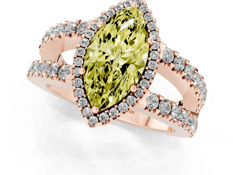 Fancy Yellow Marquise Cut Diamond Halo Ring Set in Rose gold with Pavé Split Shank and Prong Setting