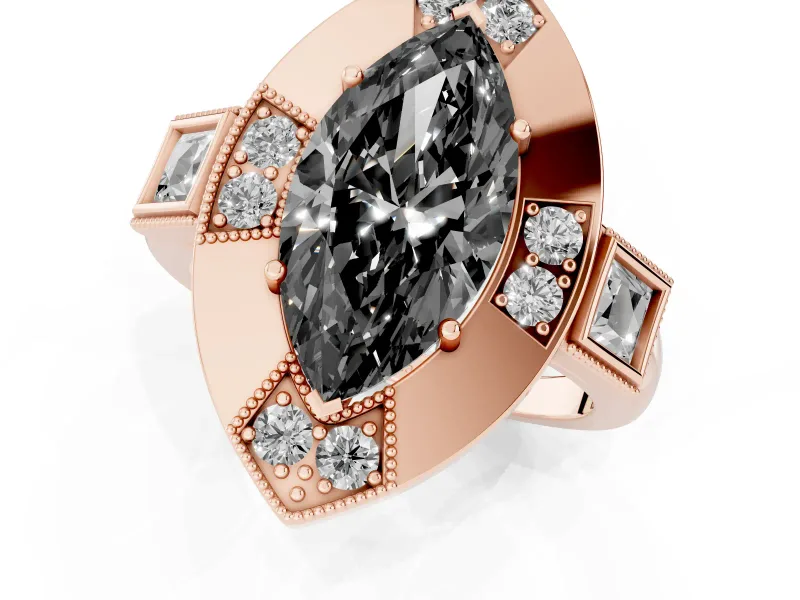 Marquise Milgrain Sectioned Halo Engagement Ring Setting for a Black Center | Rose Gold