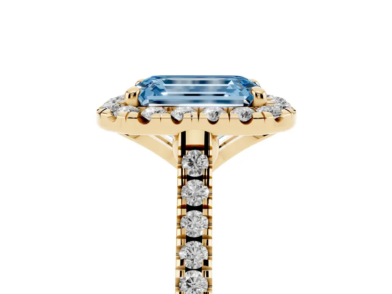 Emerald Cut Halo Engagement Ring Setting for a Fancy Blue Lab-Grown Diamond | Tapered Band | Yellow Gold