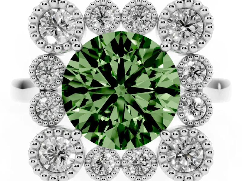 Round Milgrain Cluster Halo Engagement Ring Setting for a Fancy Green Lab-Grown Diamond | Plain Band | White Gold
