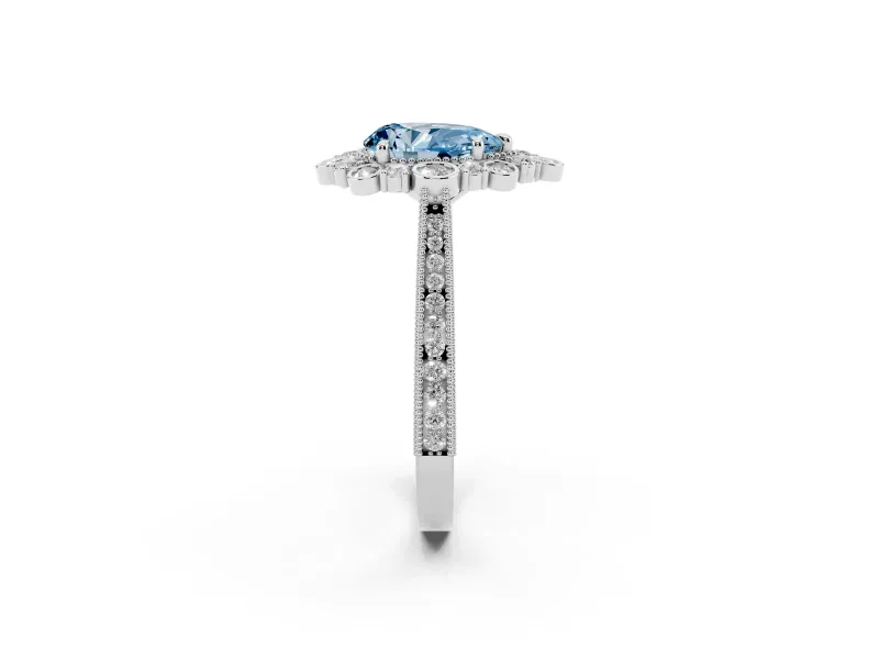 Fancy Blue Pear Cut Diamond Halo Milgrain Pavé Ring Set in White gold with Prong Setting