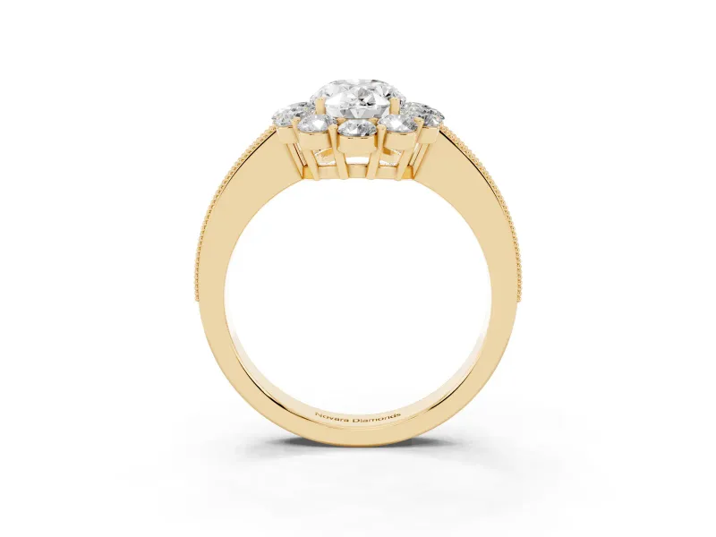 Oval Vintage Halo Engagement Ring Setting | Milgrain Channel Band | Yellow Gold