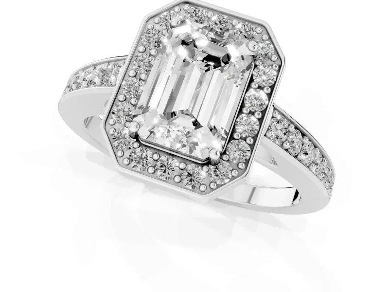 Emerald Cut Diamond Halo Pavé Engagement Ring Set in Silver with Bezel Setting