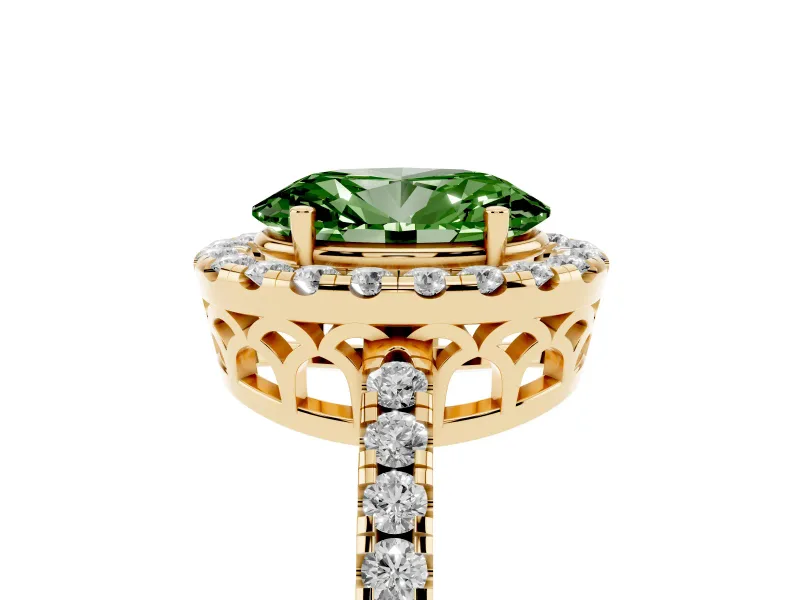 Fancy Green Oval Cut Diamond Pavé Band Halo Engagement Ring Set in Yellow gold with Prong Setting