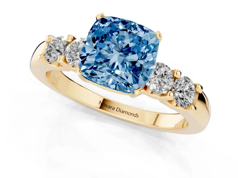 Cushion Cut Five Stone Engagement Ring Setting for a Fancy Blue Lab-Grown Diamond | Yellow Gold