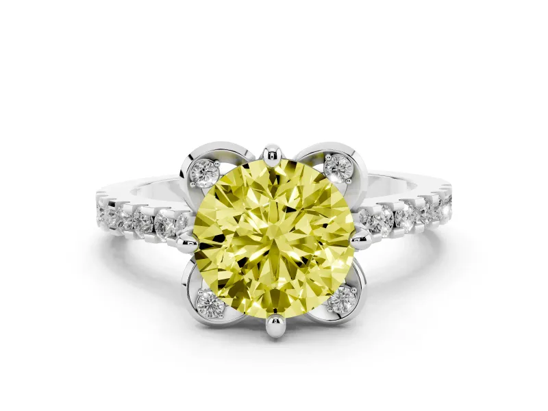 Fancy Yellow Round Cut Diamond Solitaire Ring Set in Silver with Pavé Band and Floral Prong Setting