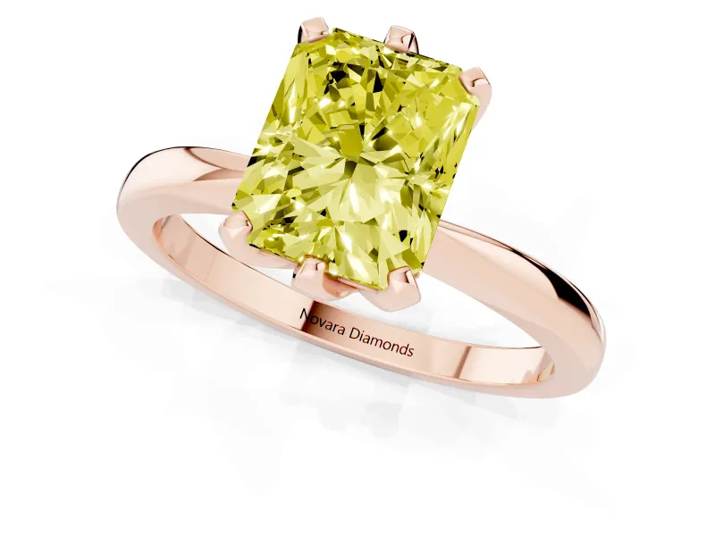 Radiant Cut Tapered Solitaire Engagement Ring Setting for a Fancy Yellow Lab-Grown Diamond | Claw Prong Head | Rose Gold