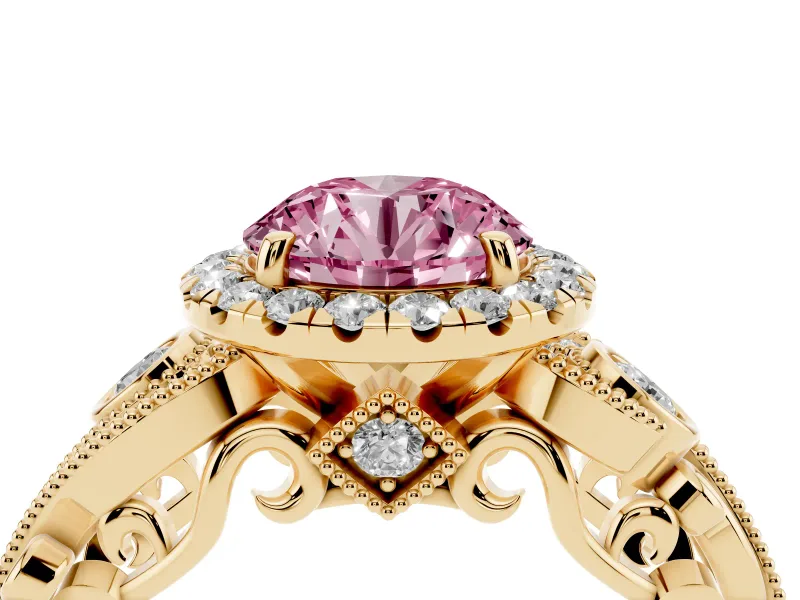 Round Vintage Halo Engagement Ring Setting for a Fancy Pink Lab-Grown Diamond | Yellow Gold