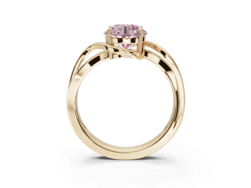 Round Bypass Solitaire Engagement Ring Setting for a Fancy Pink Lab-Grown Diamond | Pavé and Plain Strands | Yellow Gold