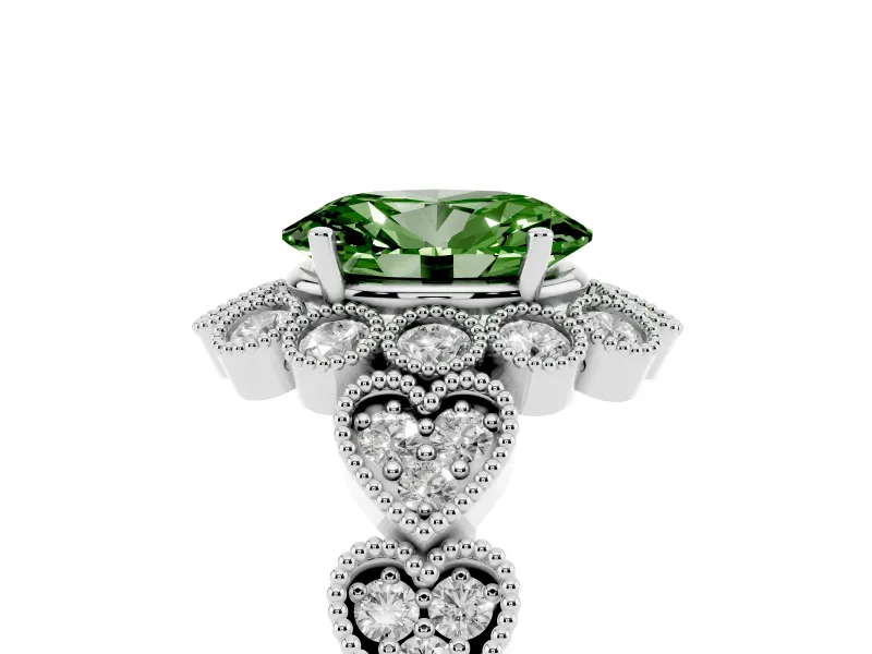 Oval Scalloped Halo Engagement Ring Setting for a Fancy Green Lab-Grown Diamond | Heart Pavé Band | Platinum