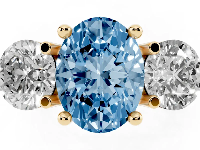 Oval Three Stone Engagement Ring Setting for a Fancy Blue Lab-Grown Diamond | Open Prong Baskets | Yellow Gold