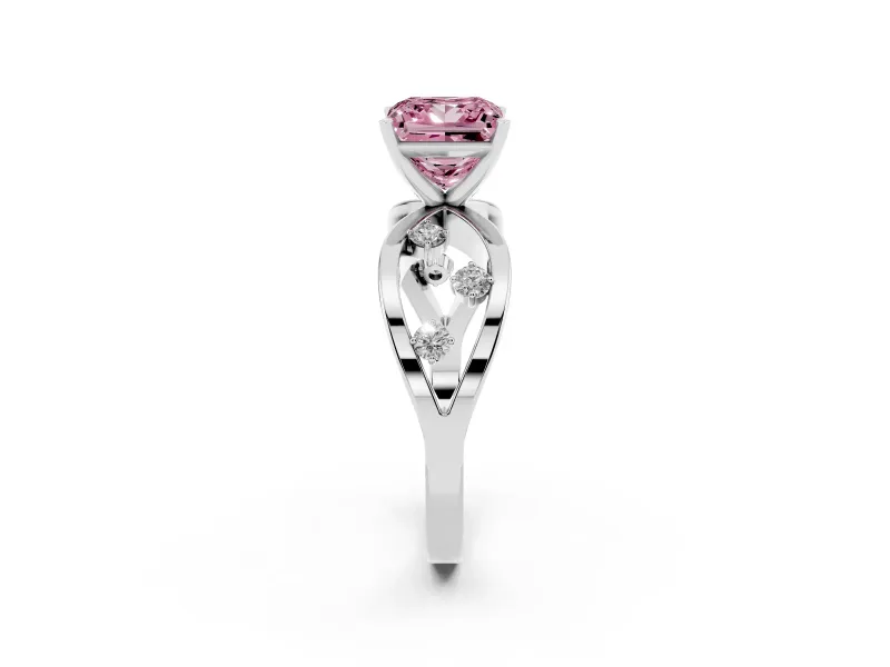 Fancy Pink Princess Cut Diamond Solitaire Ring Set in Silver with Side Stones on Criss-Cross Band and Prong Setting