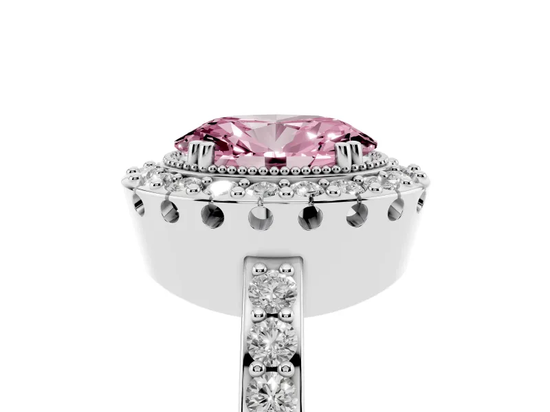 Fancy Pink Oval Cut Diamond Halo Ring Set in White gold with Pavé Shank and Prong Setting