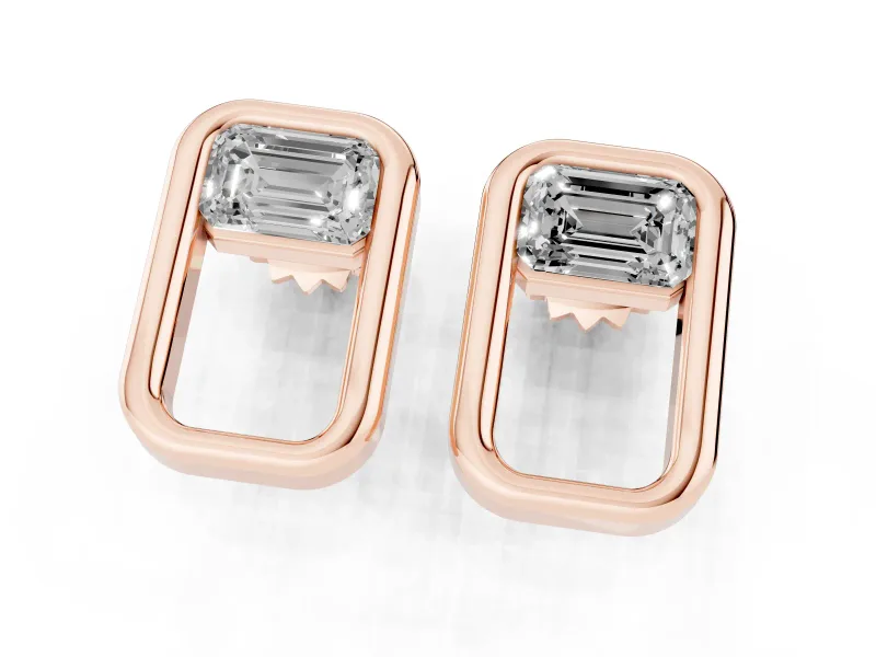 Emerald Cut Lab-Grown Diamond East-West Open Frame Stud Earrings | Polished Frame | Rose Gold