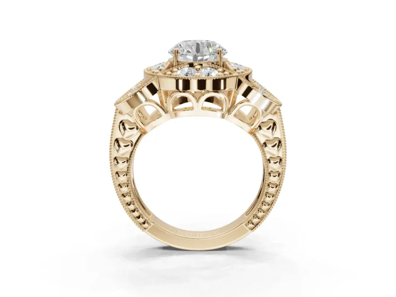 Round Vintage Floral Halo Engagement Ring Setting | Engraved Milgrain Band | Yellow Gold