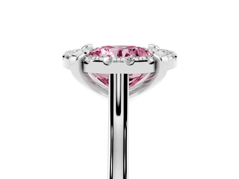 Round Halo Engagement Ring Setting for a Fancy Pink Lab-Grown Diamond | Claw Corners | White Gold