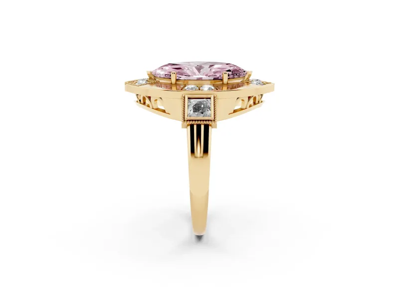 Marquise Milgrain Sectioned Halo Engagement Ring Setting for a Fancy Pink Lab-Grown Diamond | Yellow Gold