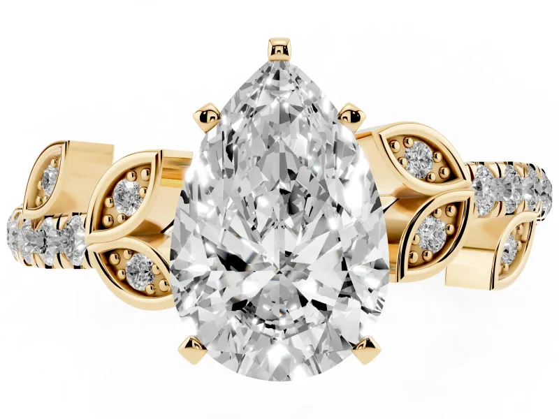 Pear Cut Diamond Solitaire Leaf-Inspired Ring Set in Yellow gold with Pavé Band and Prong Setting
