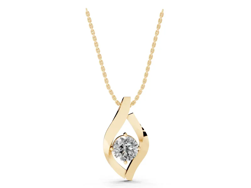 Round Lab-Grown Diamond Open Leaf Pendant Necklace | Prong Set | Yellow Gold