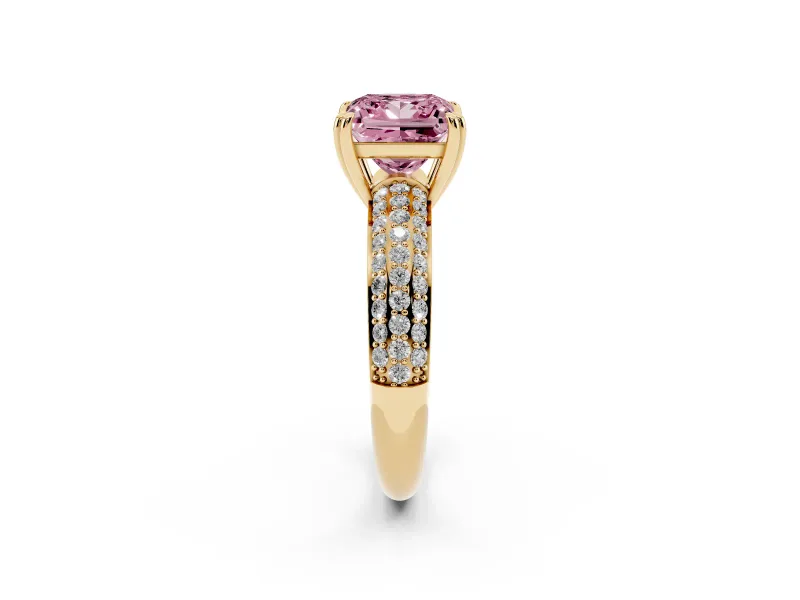 Princess Cut Three Row Pave Engagement Ring Setting for a Fancy Pink Lab-Grown Diamond | Yellow Gold