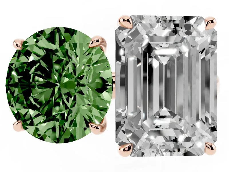Fancy Green Round Cut and Emerald Cut Toi Moi Ring Set in Rose gold with Prong Setting