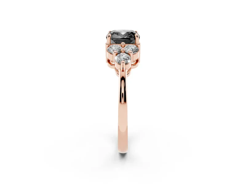 Fancy Black Cushion Cut Diamond Solitaire Ring Set in Rose gold with Cluster Accents on Each Side