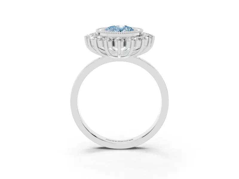 Fancy Blue Oval Cut Diamond Halo Ring Set in Platinum with Milgrain Edge and Round Prong Setting