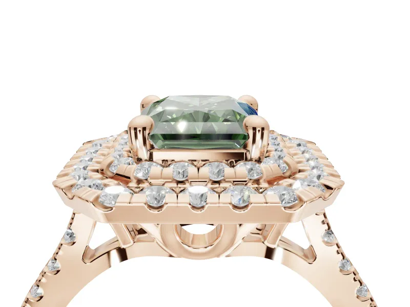 Radiant Cut Double Halo Engagement Ring Setting for a Fancy Green Lab-Grown Diamond | Pave Shoulders | Rose Gold