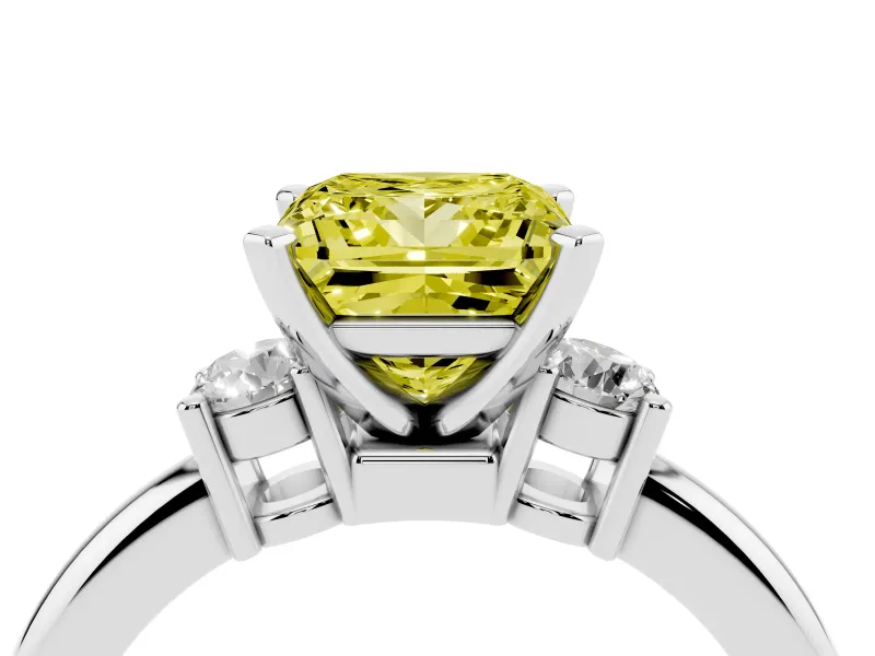 Fancy Yellow Three-Stone Princess Cut Diamond Ring Set in Silver with Prong Setting and Plain Band
