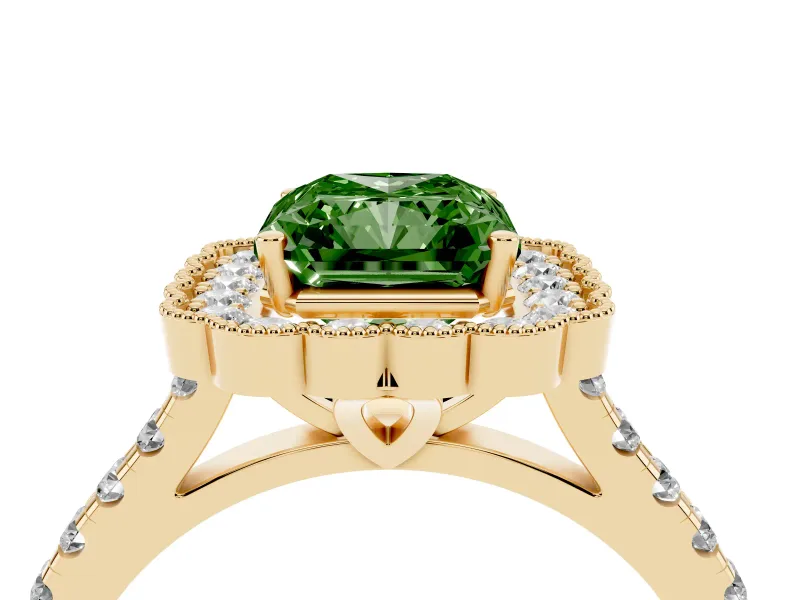 Fancy Green Radiant Cut Diamond Milgrain Floral Halo Engagement Ring Set in Yellow gold with Pavé Band