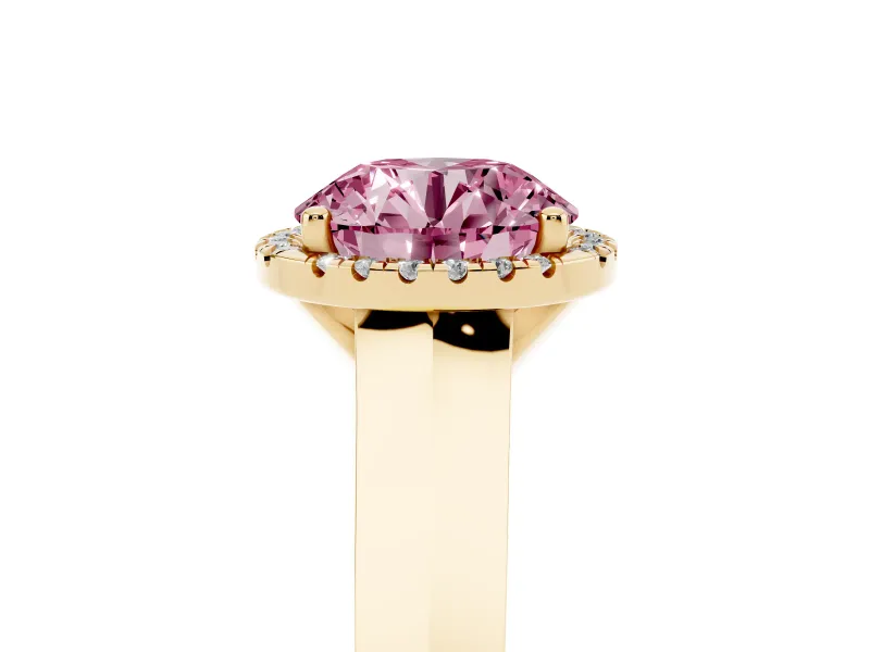 Fancy Pink Round Cut Diamond Halo Ring Set in Yellow gold with Cathedral Band and Prong Setting