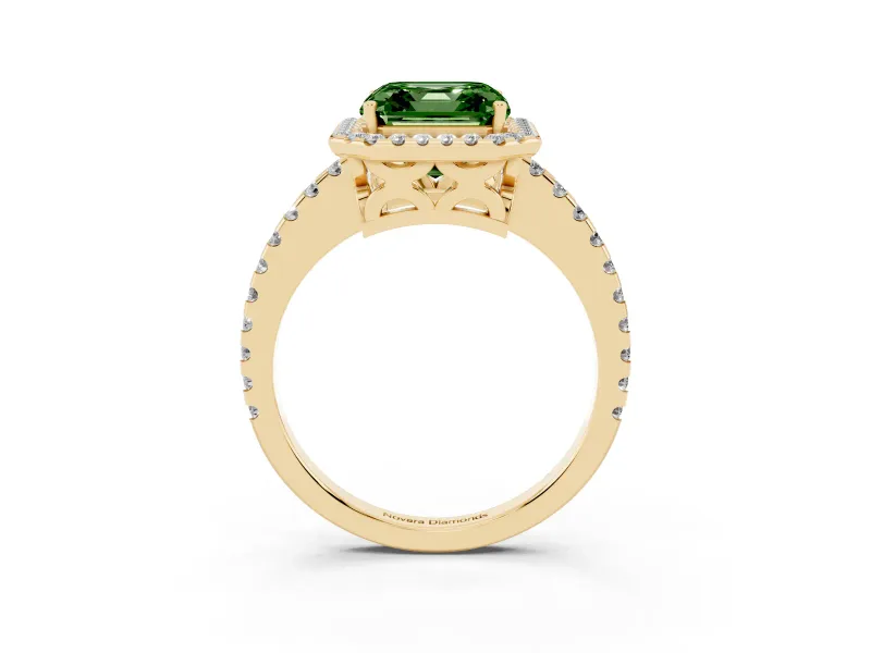 Asscher Cut Pave Halo Engagement Ring Setting for a Fancy Green Lab-Grown Diamond | Yellow Gold