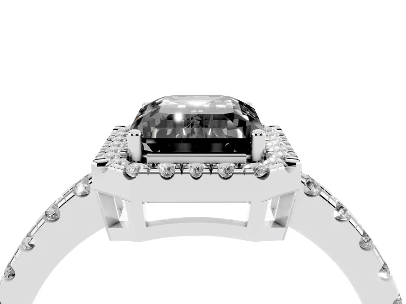 Fancy Black Emerald Cut Diamond Halo Ring Set in Platinum with Delicate Pavé Band and Prong Setting