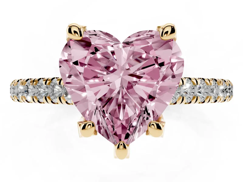Heart-Shaped Hidden Halo Pave Engagement Ring Setting for a Fancy Pink Lab-Grown Diamond | Claw Prongs | Yellow Gold