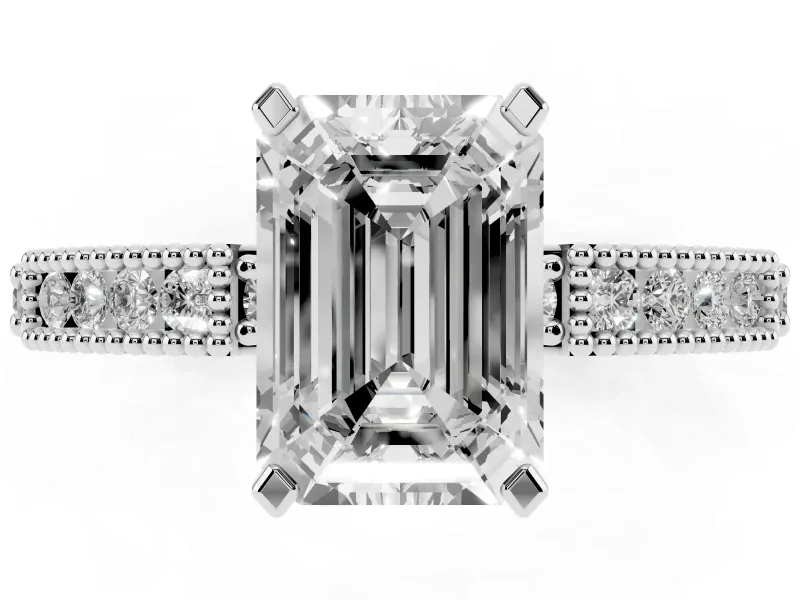Emerald Cut Vintage Pavé Solitaire Engagement Ring Setting | Milgrain Edges | Platinum