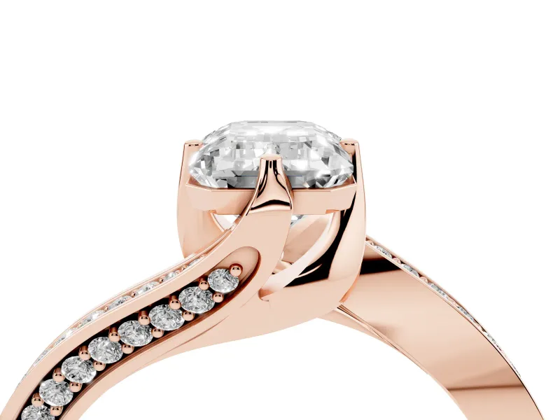 Emerald Cut Bypass Pavé Solitaire Engagement Ring Setting | Angled Head | Rose Gold